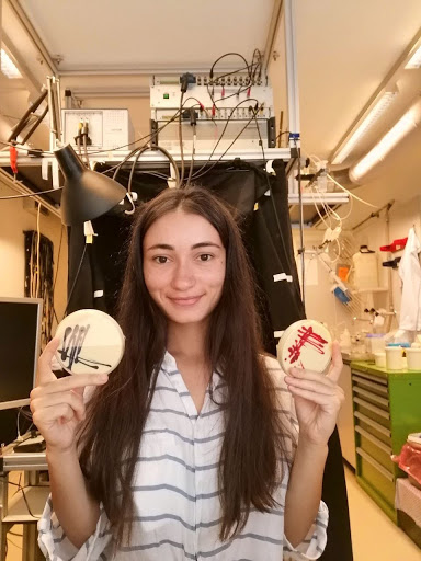 Female scientist standing holding chocolate petri dishes.